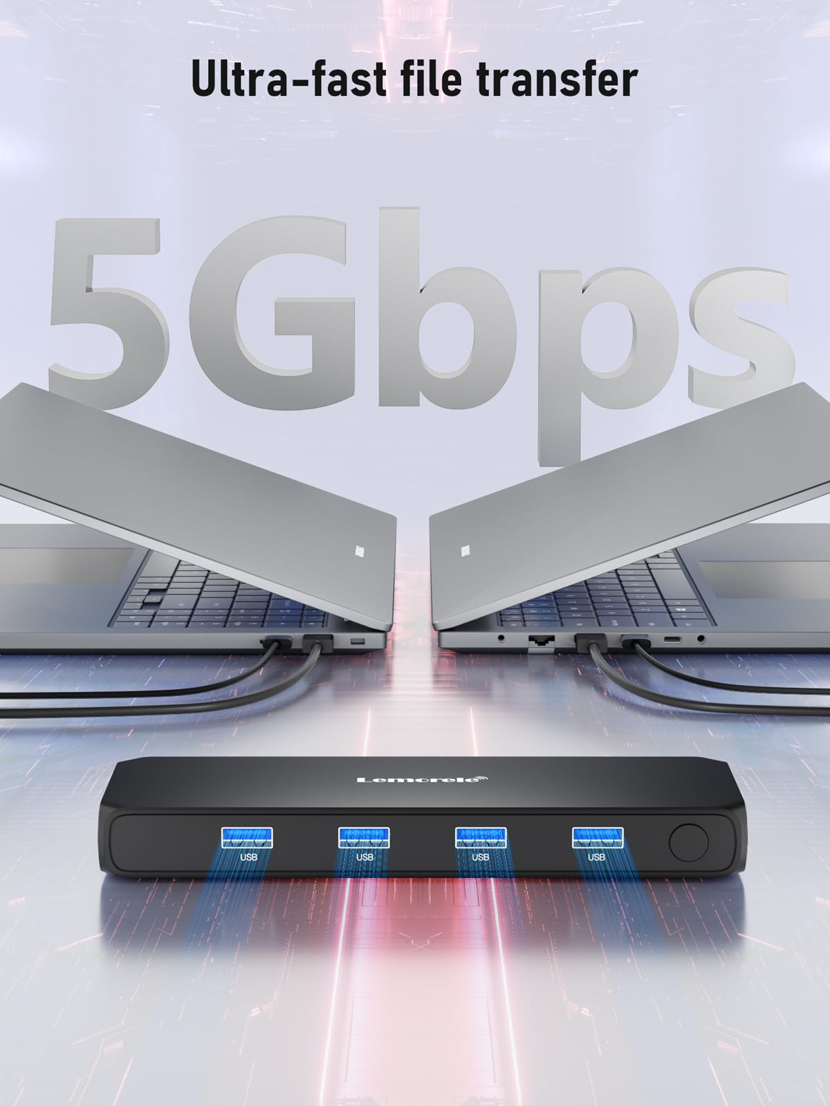 Lemorele KVM Switch 4K 2x1, 2-Computer Sharing 1 Monitor with USB 3.0 Hub, 4-Port USB for Mouse Keyboard, Plug and Play, USB-C Powered, 4K@30Hz (2 USB