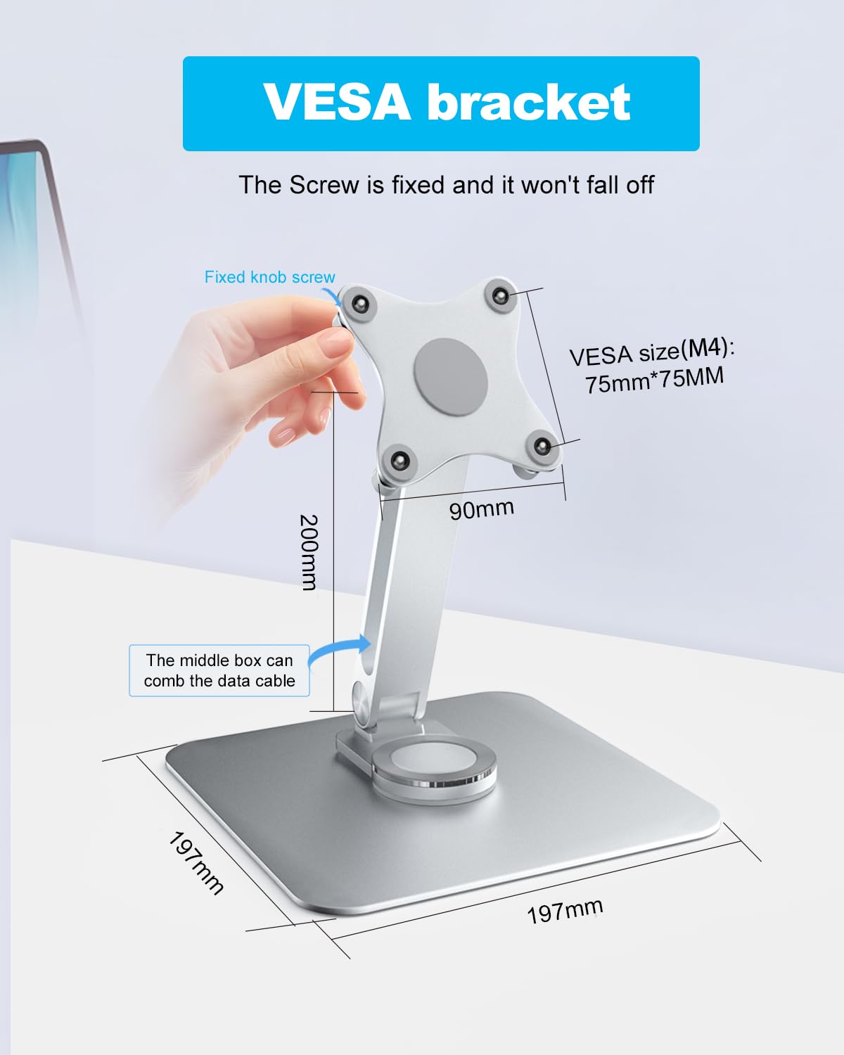 JUNEBOX 75x75mm VESA Monitor Mount Stand, M4 Anti-Loss Screws, Aluminum Alloy Base, Fits 7"-18" Small Portable Monitors, Silver Foldable Lay Flat
