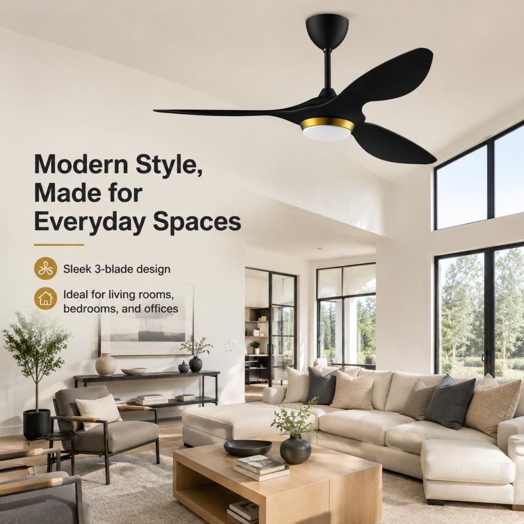 reiga 52" Black Smart Ceiling Fan with Light, Quiet DC Indoor Fan