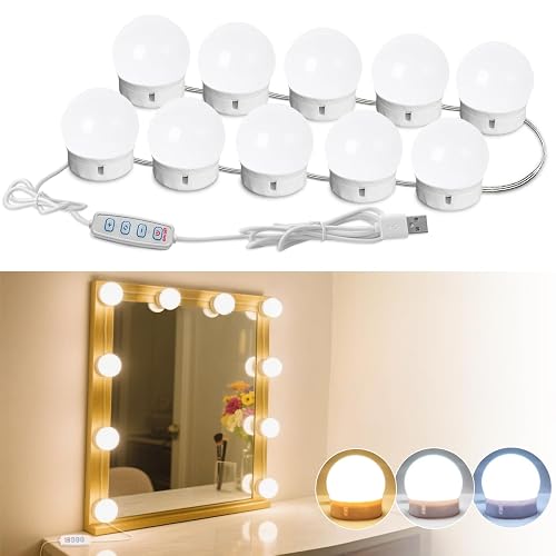 HELOIE Led Vanity Mirror Lights,Vanity Lights for Makeup Dressing Mirror Lighting,10 Dimmable Bulbs,Adjustable Light Color & Brightness,USB