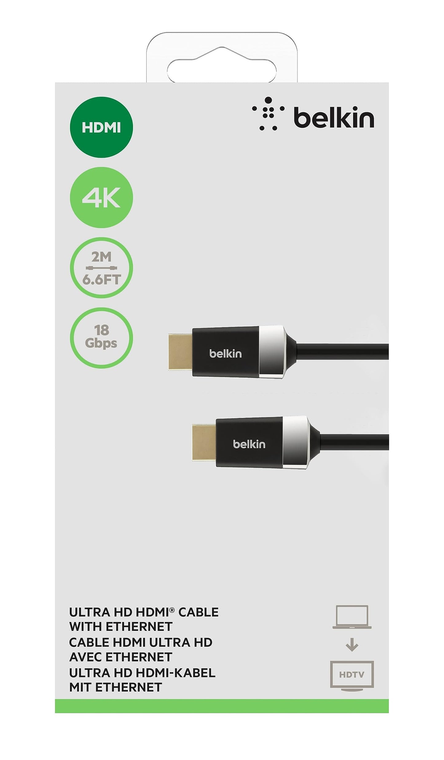 Belkin 6.6ft/2M HDTV High-Speed HDMI Cable w/Ethernet, 4K/Ultra HD, HDR, & 3D Compatibility, 18Gbps Data Transfer for Streaming, Gaming, Home Theater