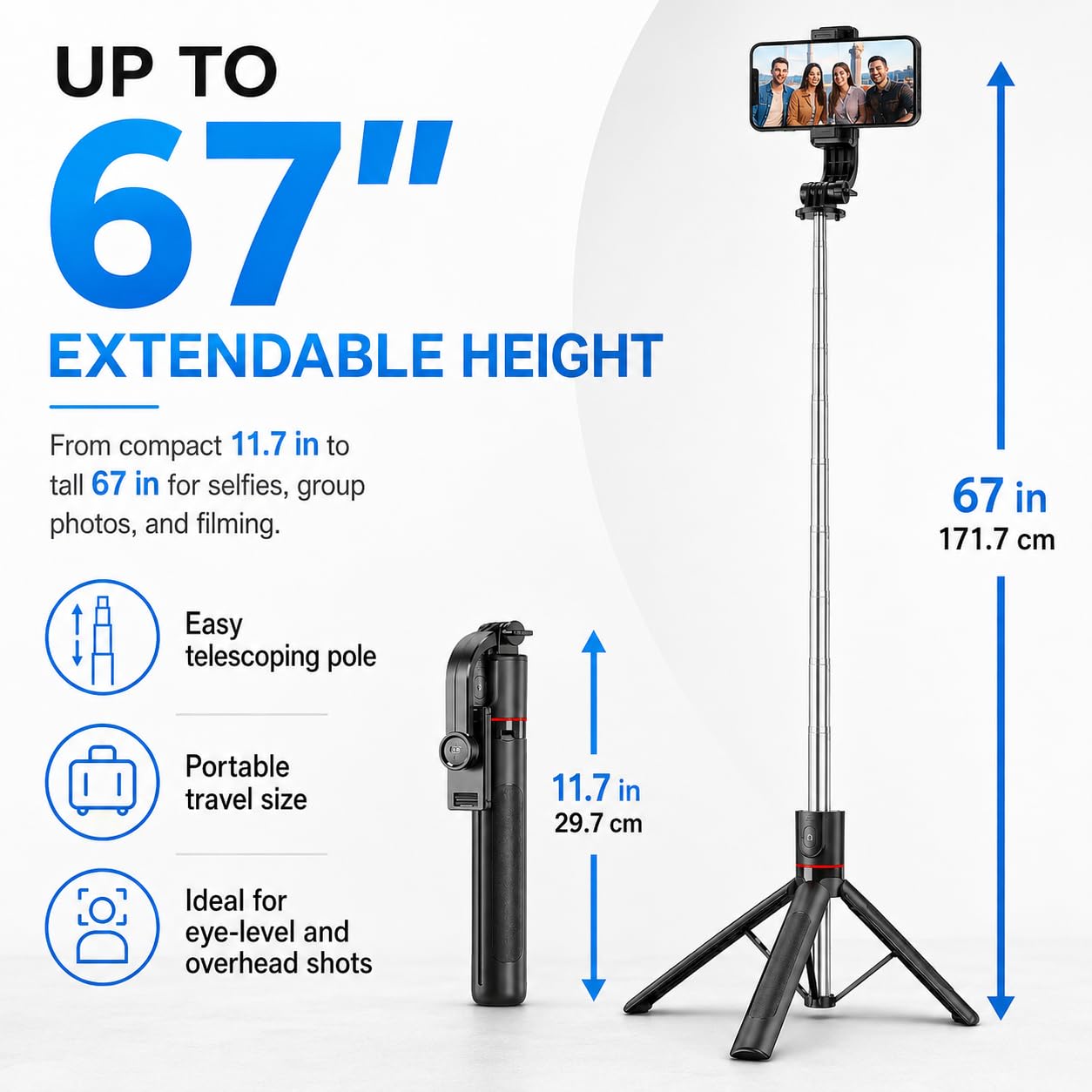 67" Detachable Phone Tripod Selfie Stick, Extendable Portable Cell Phone Stable Camera Easy Selfie Tripod Stand, with Wireless Remote, Ideal