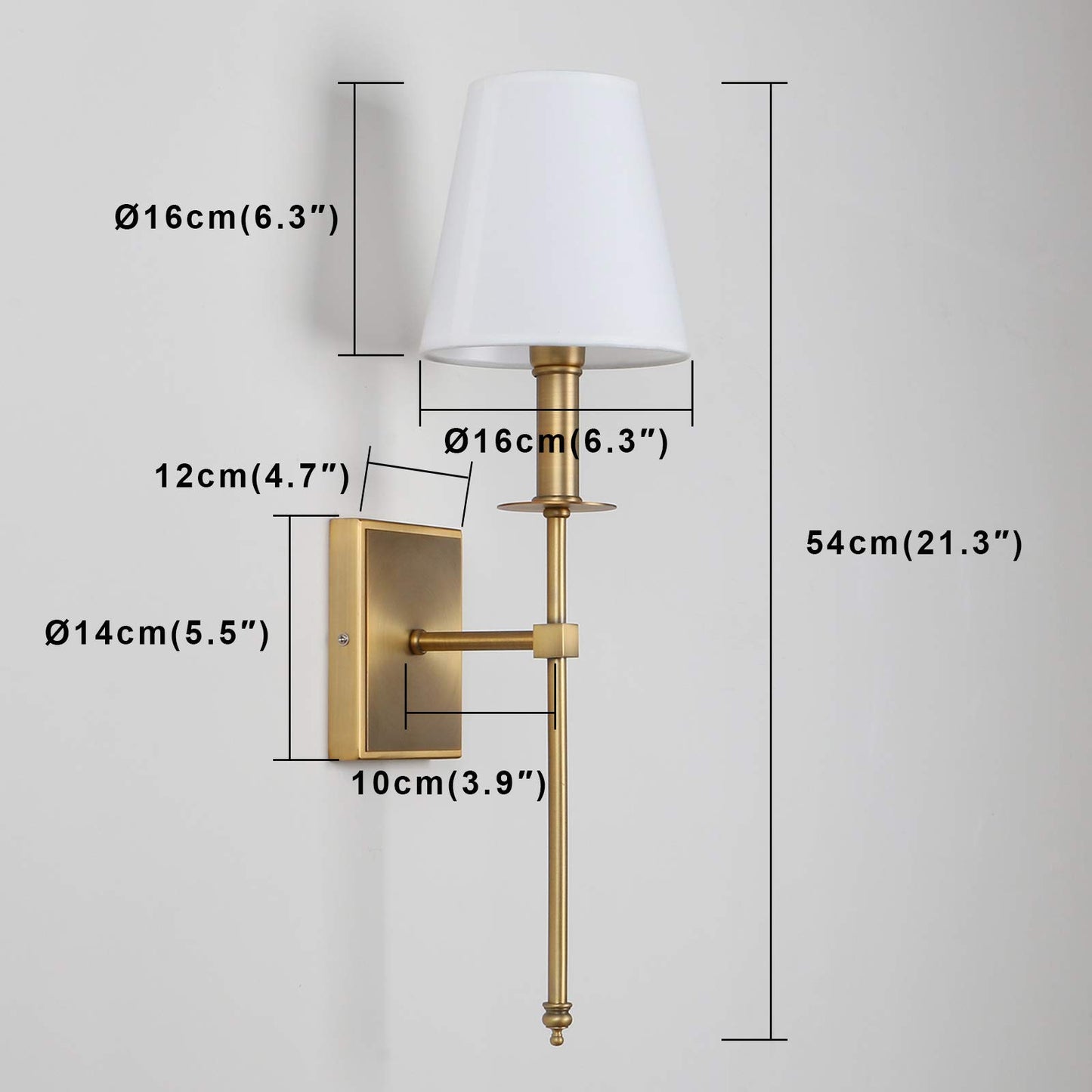 PERMO Single Classic Rustic Industrial Wall Sconce Lighting Fixture with Flared White Textile Lamp Shade and Antique Brass Tapered Column Stand