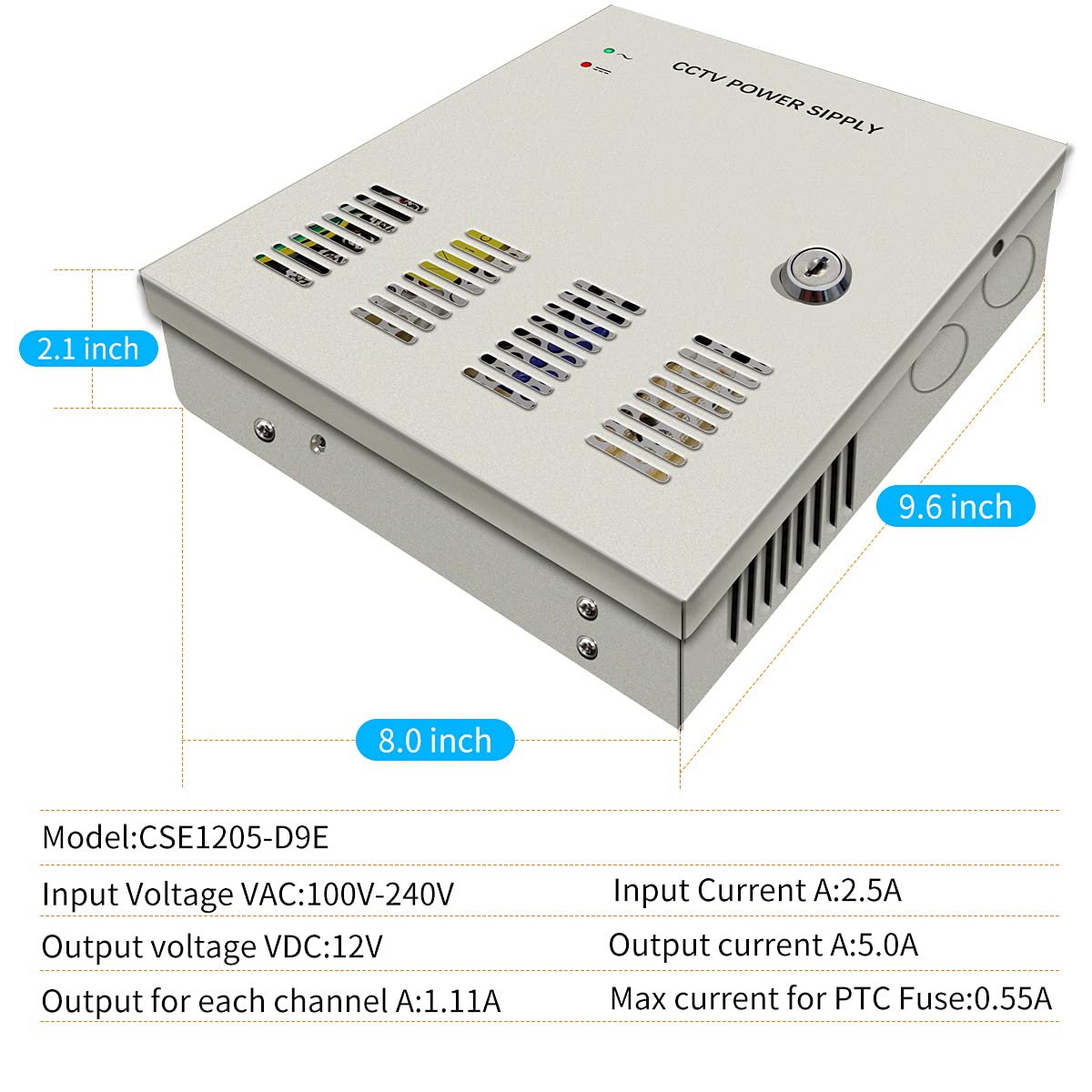 9 Channel 12 Volt DC Output 5A CCTV Distributed Power Supply Box for Security Camera with AC Plug and Lock for Security Cameras, DVRs, CCTV Power…