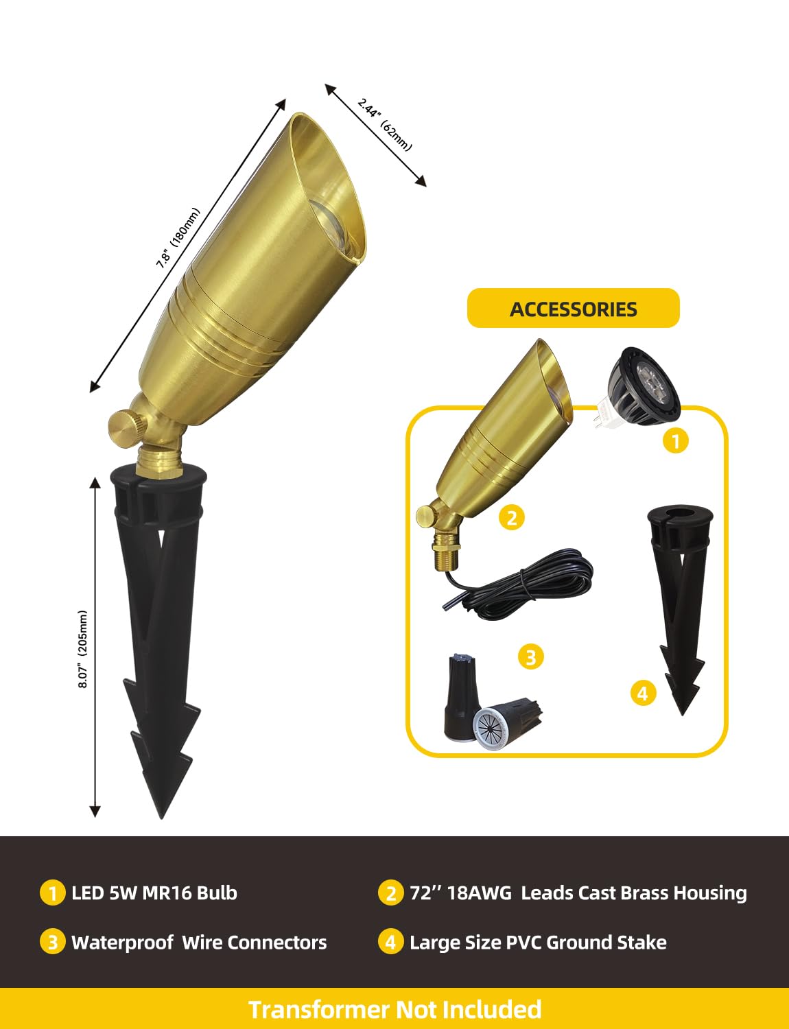 COLOER Die-cast Brass Landscape Spotlight 1-Pack with 5W Aluminum Housing LED MR16 Bulb,12V AC/DC Low Voltage Copper Outdoor Lighting, Directional
