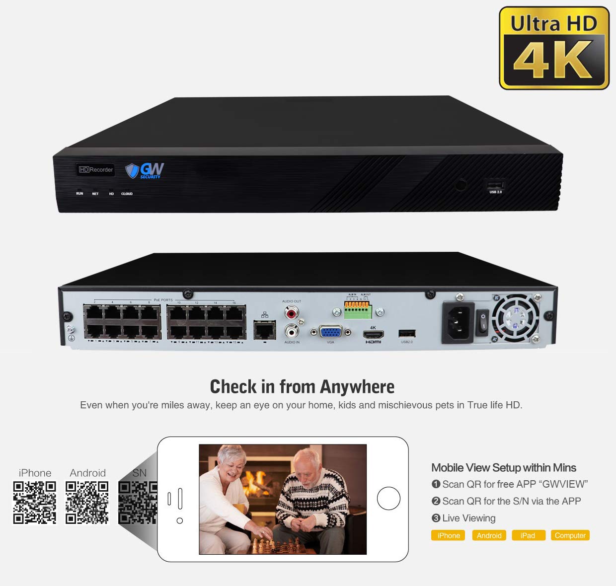 GW Security 16 Channel 4K NVR 8MP AI Human & Vehicle Detection Security Camera System with 16 UHD 4K 2160P Microphone PoE Outdoor/Indoor Waterproof IP