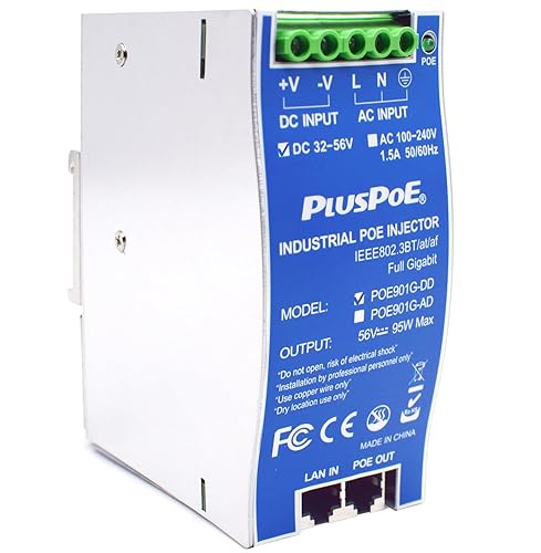 Industrial Gigabit PoE++ Injector, IEEE 802.3BT/at/af Compliant, PoE (15.4W), PoE+ (30W), or PoE++(90W), Battery-Powered DC PoE Injector, 36V-48V-56V