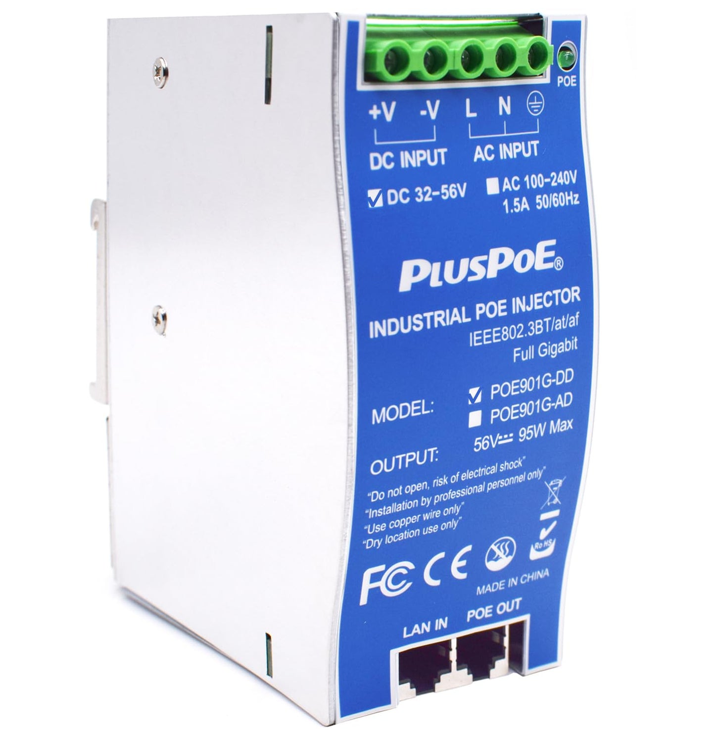 Industrial Gigabit PoE++ Injector, IEEE 802.3BT/at/af Compliant, PoE (15.4W), PoE+ (30W), or PoE++(90W), Battery-Powered DC PoE Injector, 36V-48V-56V