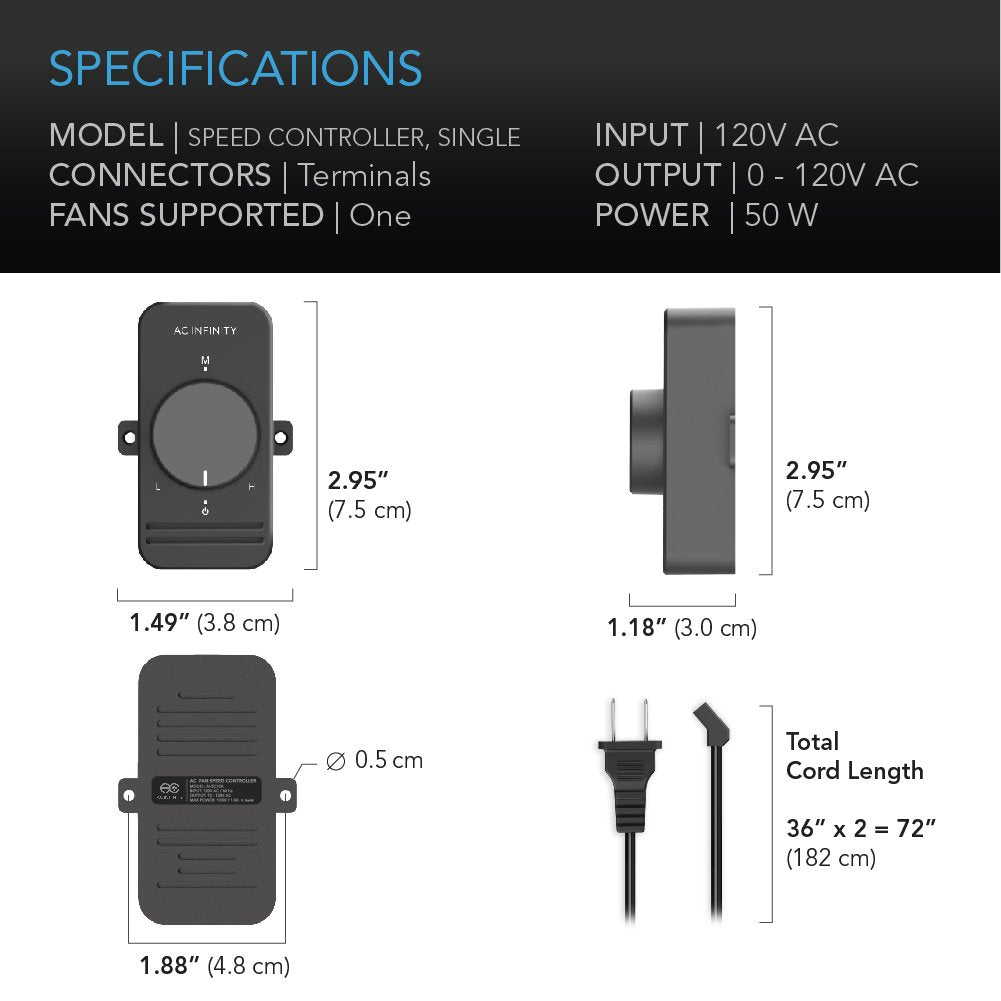 AC Infinity, Fan Speed Controller for 100 to 125V AC Axial Muffin Cooling Fans, Single Connector, for DIY Cooling Ventilation Exhaust Projects
