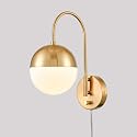 TENGIANTS Mid Century Modern Wall Sconce with Switch Gold Wall Lamp Brass Finished Plug in Wall Light with Opal White Glass Globe Wall Sconce