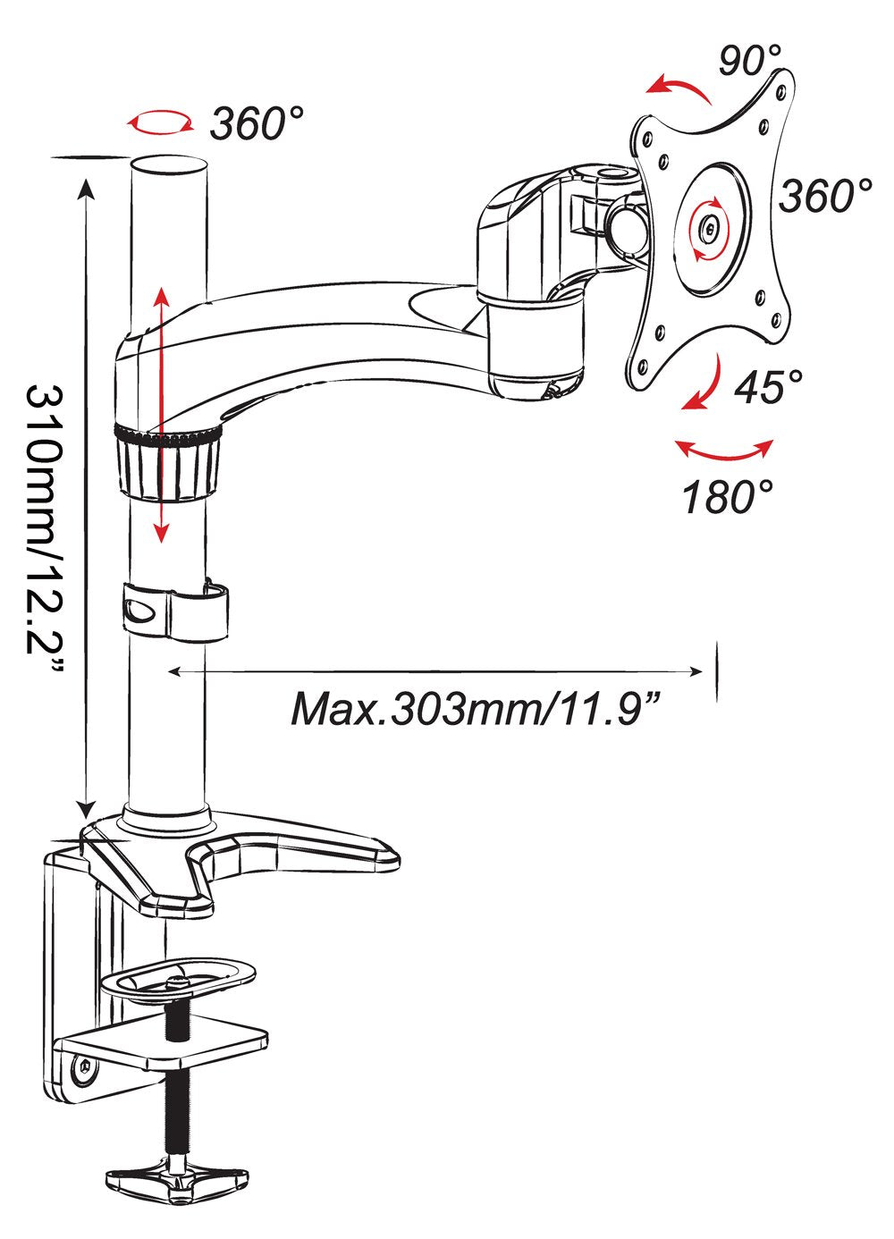 2xhome -New Ergonomic Fully Height Adjustable Easy Articulating Tilting Black Desk Pole Mount Bracket Desktop Flat Panel Clamp Stand for Single LCD
