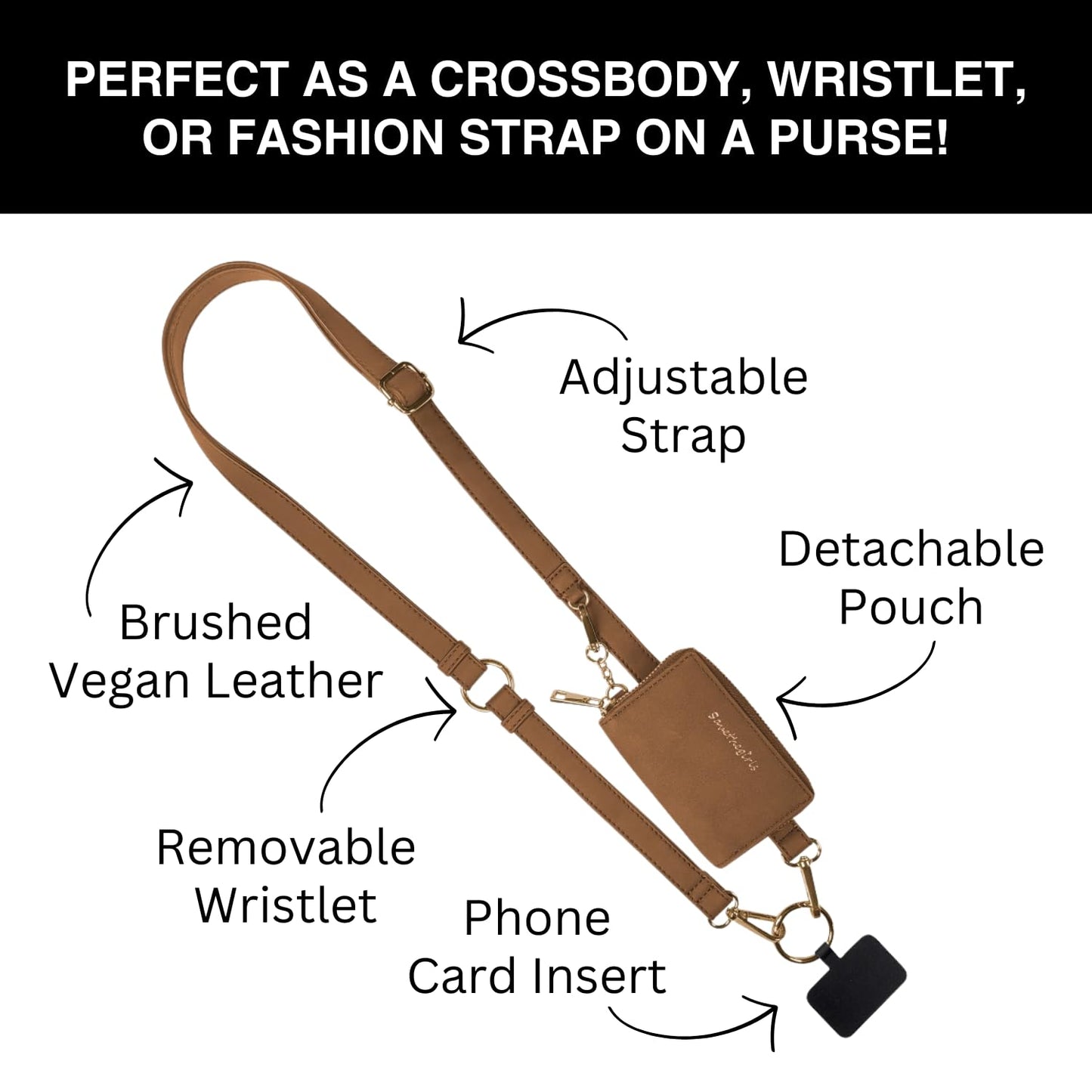 Save the Girls Clip and Go Brushed Vegan Phone Lanyard (Brown) - Crossbody Phone Case with Pouch, Adjustable and Removable Shoulder Strap and Wristlet