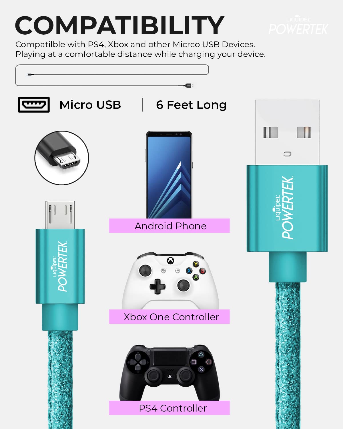 Liquipel Powertek Micro USB Charger Cable for Cell Phones & Electronic Devices, 6FT (Mint)