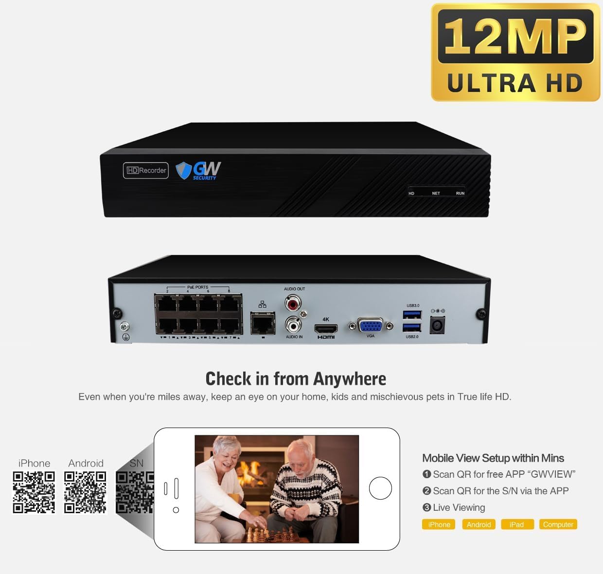 GW Security 8 Channel UltraHD 4K (3840x2160) Audio & Video Motorized Zoom Smart AI NVR Security System - 8 x 8MP Motorized 2.7-13.5mm 5X Optical Zoom