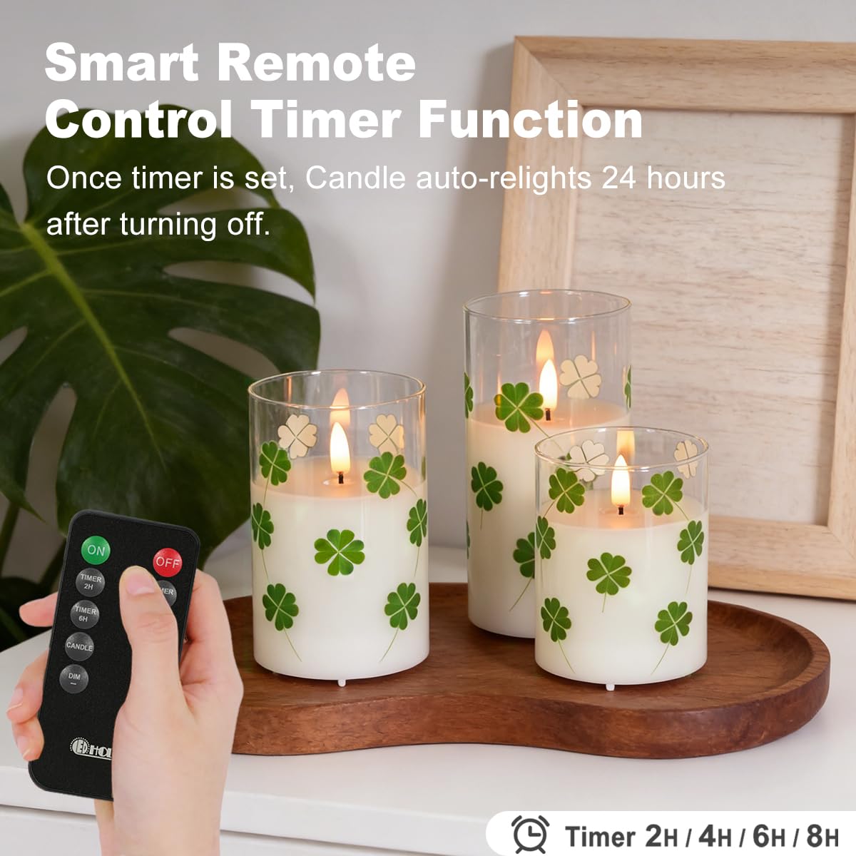 LEDHOLYT Rechargeable Flameless Four-Leaf Clover Glass Candles, Real Wax Candles Warm Color Flickering Light with Remote and Timer,Festival Home Decor