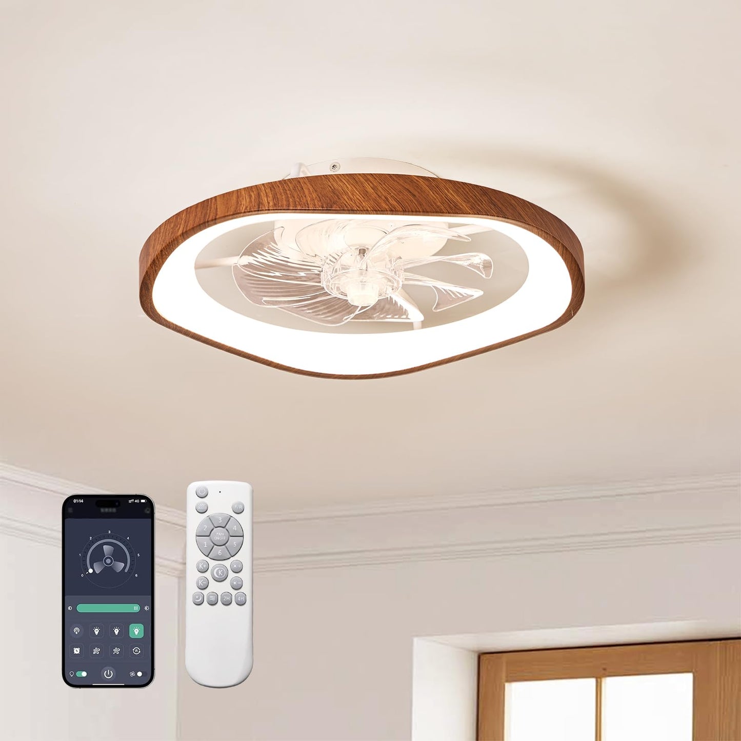 Monikessy 19.7" Modern Ceiling Fans with Lights and Remote, Dimmable Low Profile Ceiling Fan, Farmhouse Smart Bladeless Fandelier Flush Mount Ceiling