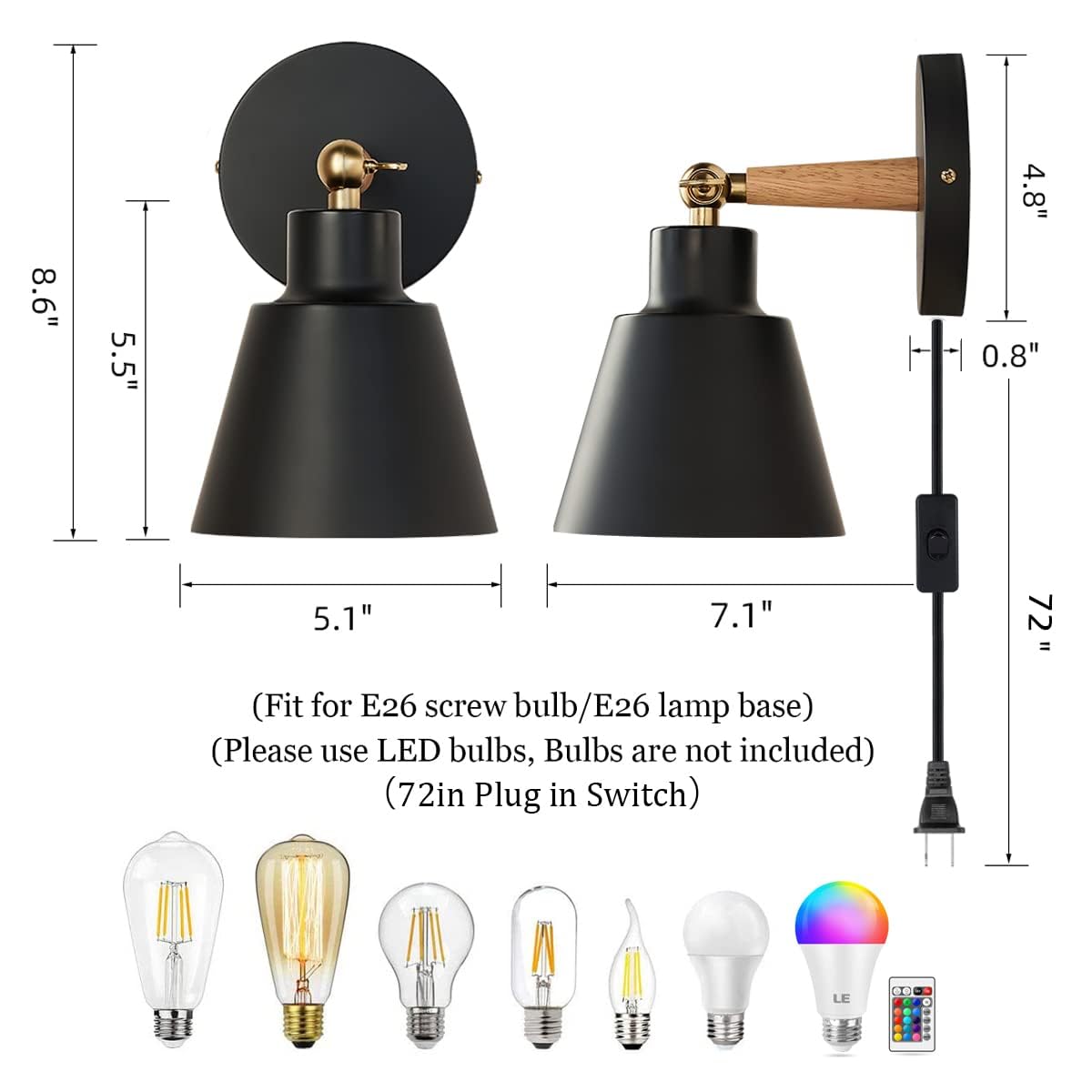 ClanKin Plug in Wall Sconces Lighting Set of 2, Black Wood Style Wall Sconce Reading Lamp, Adjustable Wall Light for Bedroom Hallway Living Room (2
