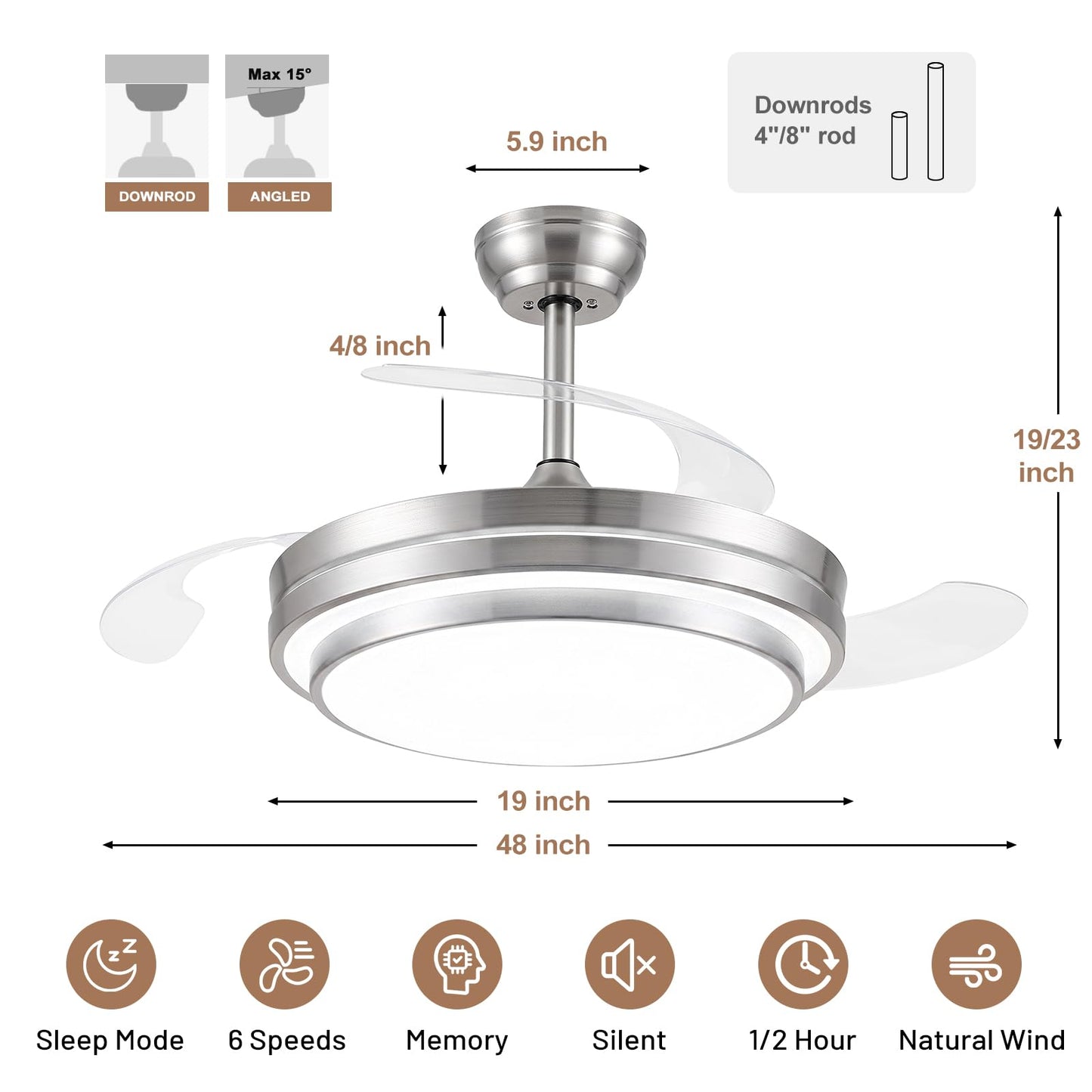48 Inch Fandelier Ceiling Fan with Light,Modern Retractable Ceiling Fan with Lights and Remote/APP;6Speed,Silent Reversible Motor,Timer,Chandelier Fan
