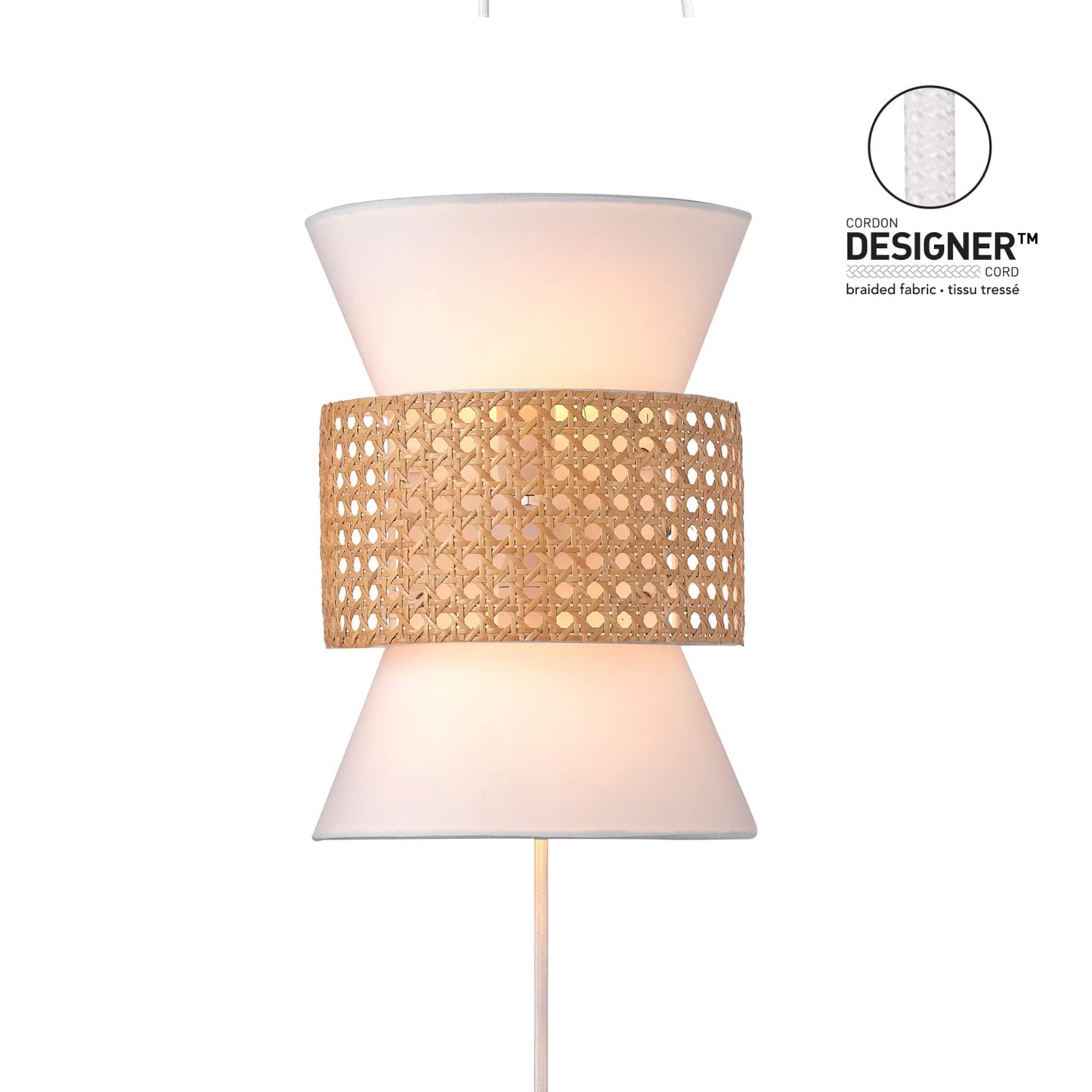Globe Electric 65925 2-Light Plug-in or Hardwire Wall Sconce, Matte White Fabric Shade with Natural Rattan Accent, 6ft Braided Cord, in-Line Rocker