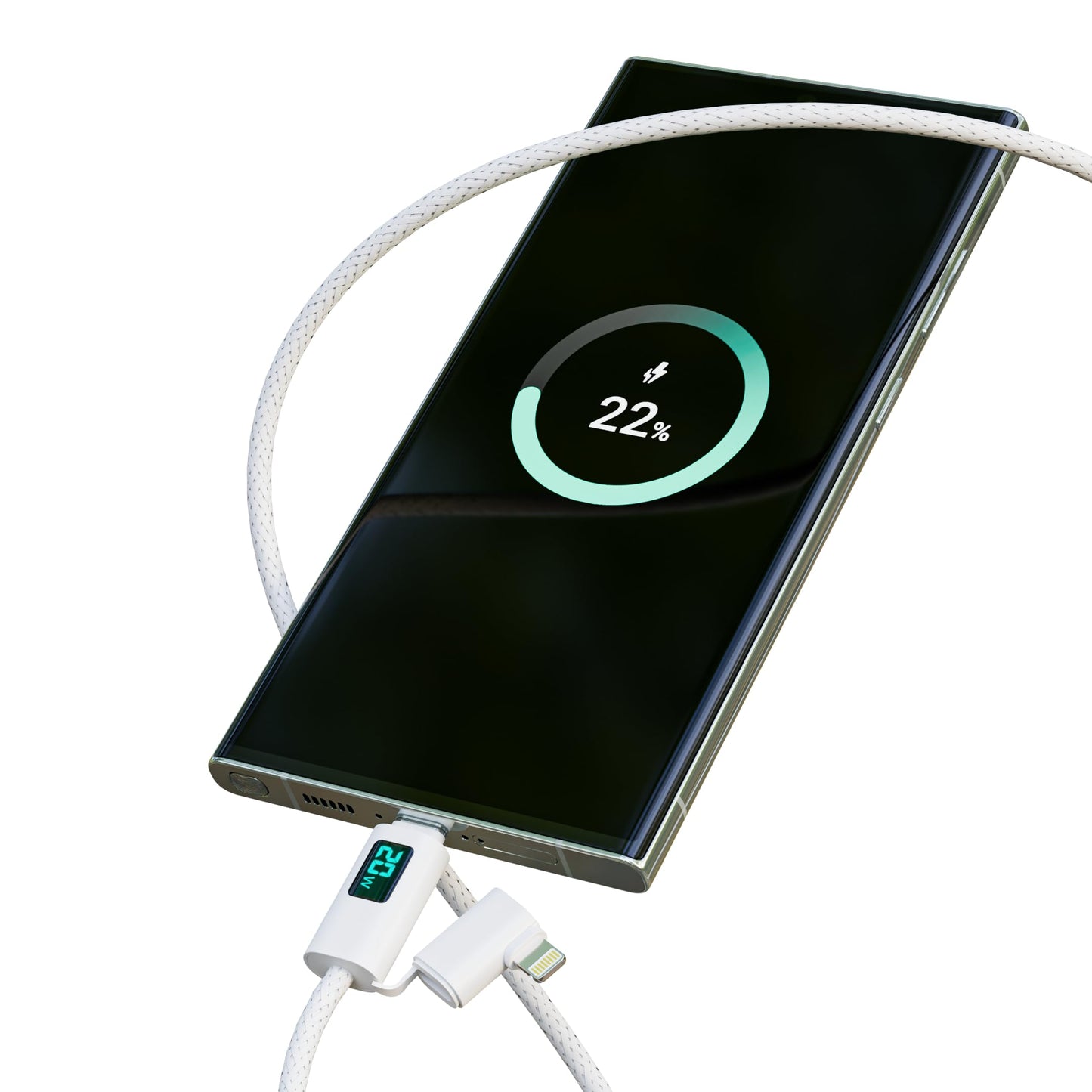 Tron 25W USB-C Power Adapter with 5FT 2-in-1 brided Cable with Digital Display - Fast Charging Solution for Home, Office, and Travel Use