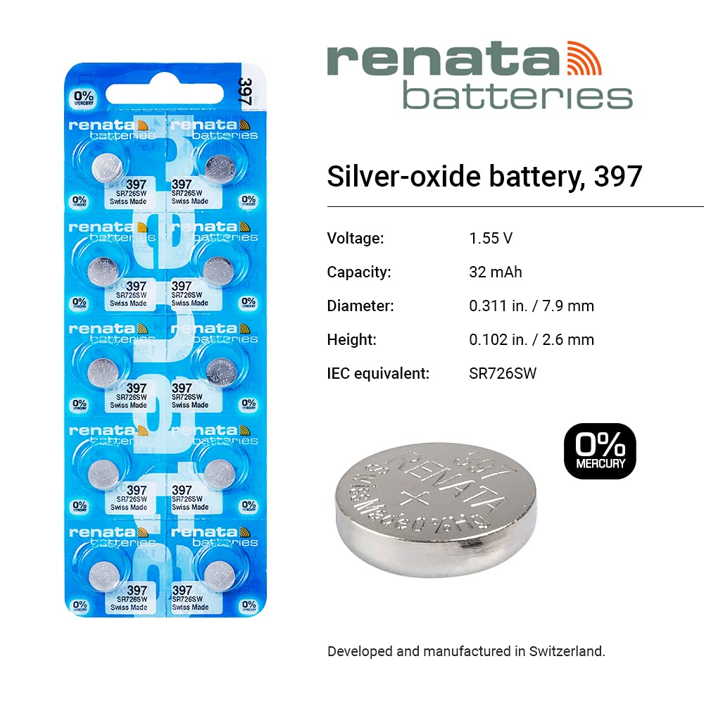 Renata 397 SR726SW Batteries - 1.55V Silver Oxide 397 Watch Battery (2 Count)