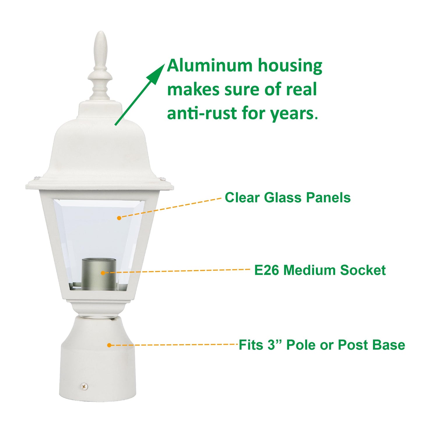 LIT-PaTH Outdoor Post Lighting Fixture Pole Lantern, E26 Medium Base Max 60W, Aluminum Housing Plus Clear Glass, Bulb Not Included, Matte White