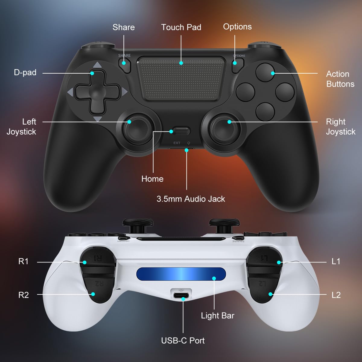 Wuthur 2 Pack Wireless Controller Compatible with PS4 / Pro/Slim (Black & White)