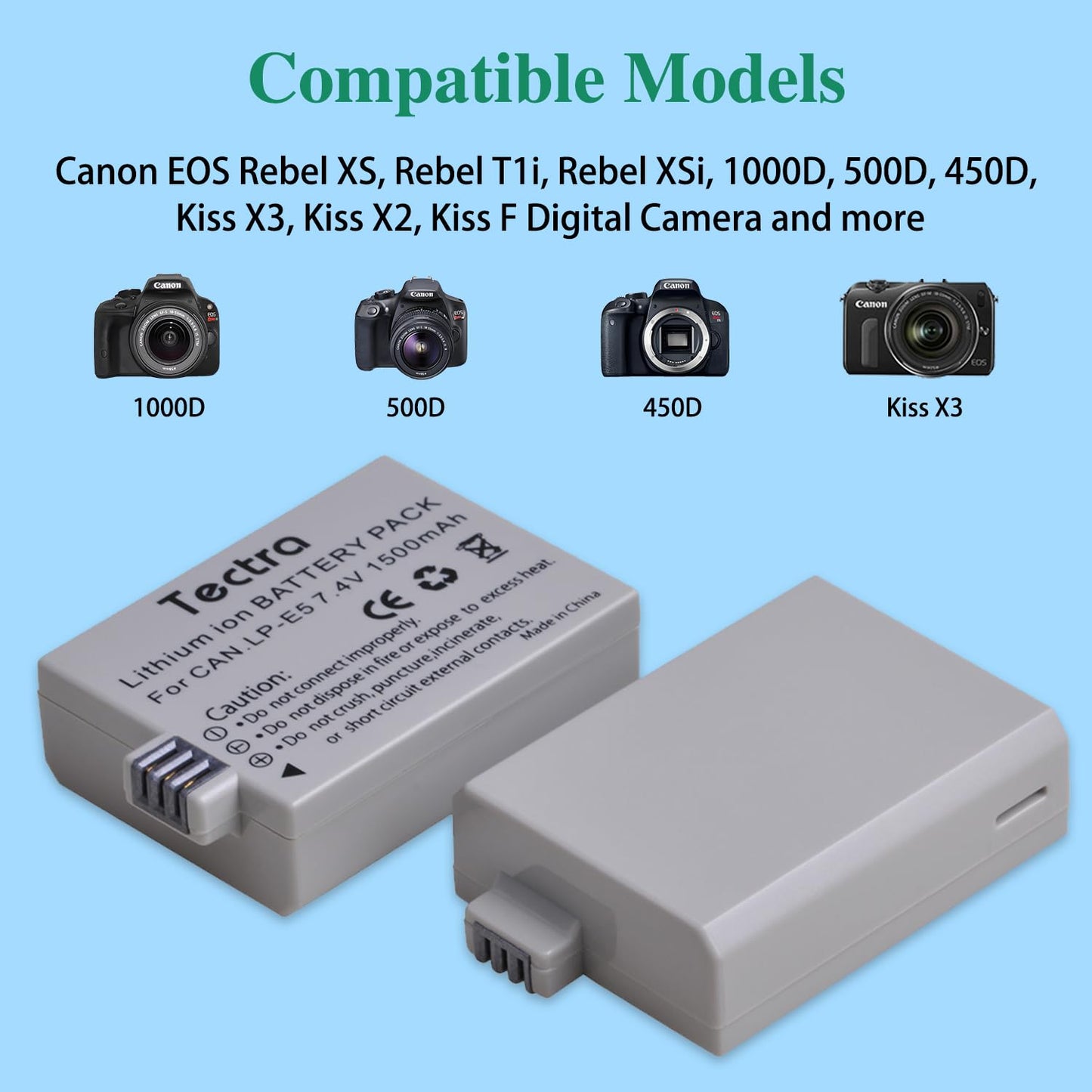 Tectra 2-Pack LP-E5 Battery and Charger Kits for Canon EOS Rebel XS, Rebel T1i, Rebel XSi, 1000D, 500D, 450D, Kiss X3, Kiss X2, Kiss F