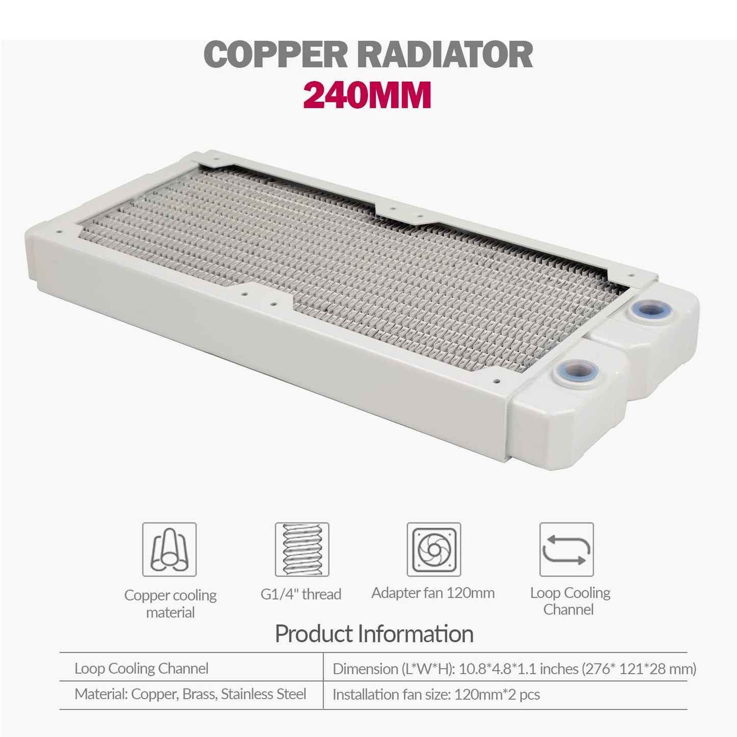 Dracaena.io 240mm Copper PC Radiator for Custom Water Cooling Loop, 28mm Thick, 2x120mm Fan Mount, Dual G1/4 Thread Ports, Liquid Cooling Radiator