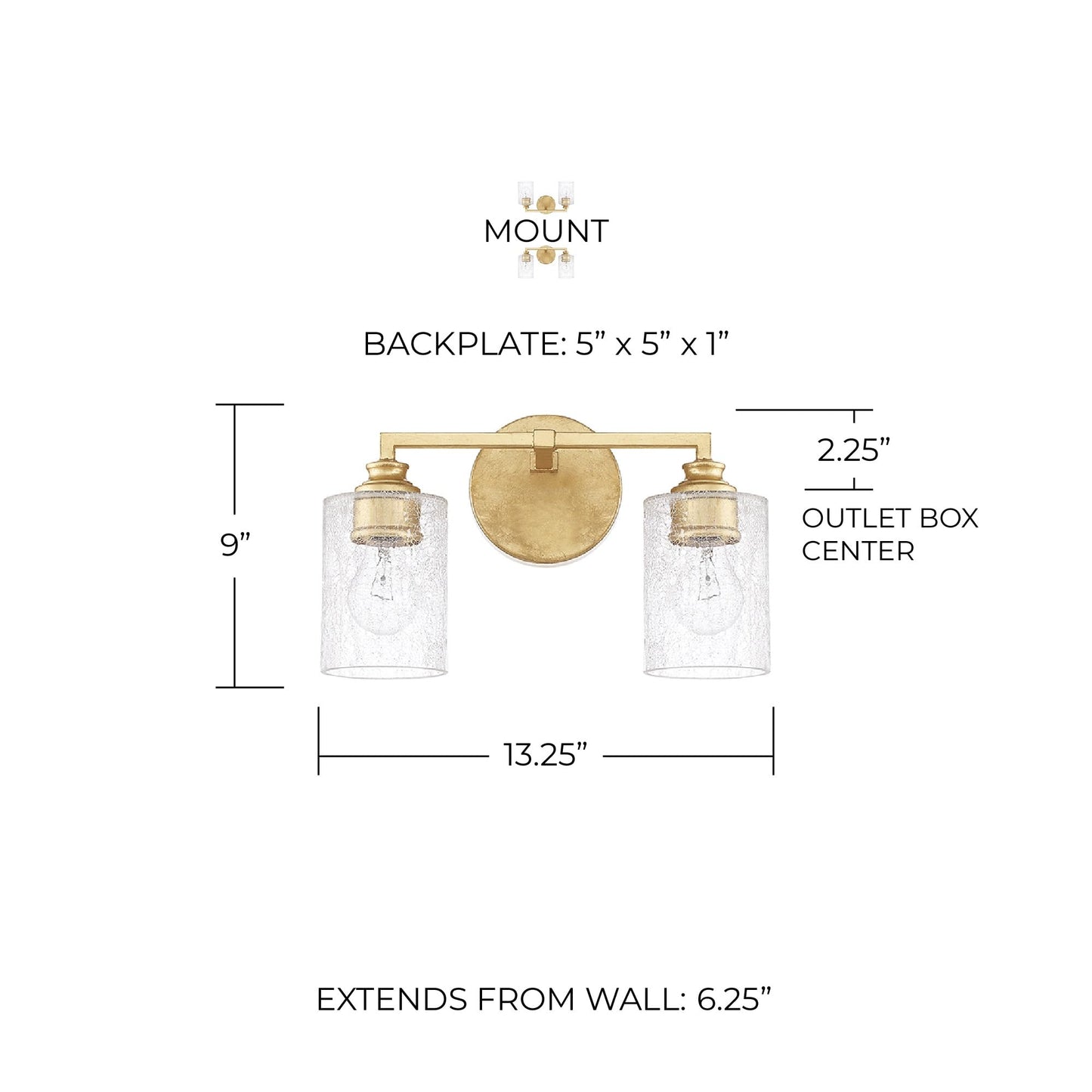 Capital Lighting 120521CG-422 Milan Iced Glass Bath Vanity Wall Mount, 2-Light 200 Total Watts, 9" H x 13" W, Capital Gold