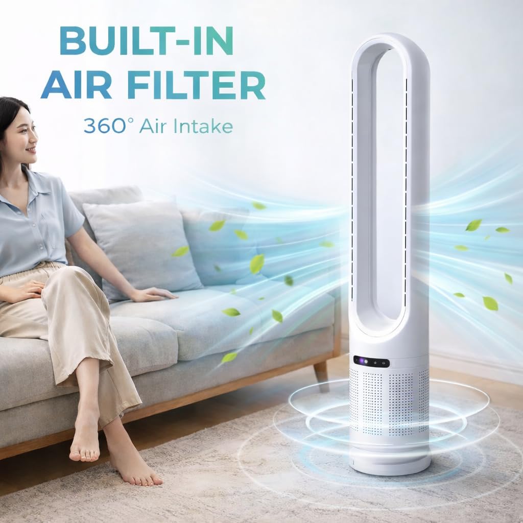 Zoolati 41" Bladeless Tower Fan with Air Filter, 80° Oscillating Fan with Remote Control, 8 Speeds, 8H Timer, Quiet Cooling Fan with LED Display