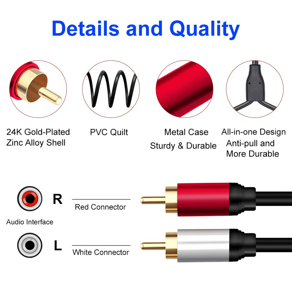 Yeung Qee 2RCA Male to 2RCA Male Stereo Audio Cable 6 ft,Dual Shielded Gold-Plated RCA Stereo Cable,Suitable for Home Theater, Amplifier, HDTV, Game