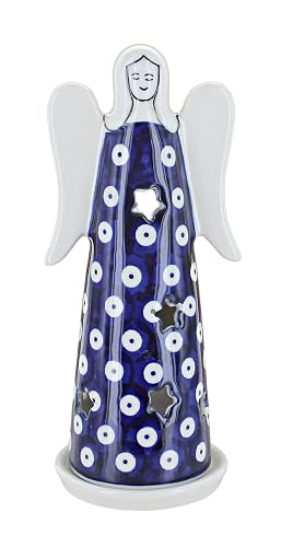 Blue Rose Polish Pottery - Blue Dots Large Angel Luminary - 7.75" Tall - Hand-Painted Polish Pottery Holiday Candle Holder, Unique Christmas Gift