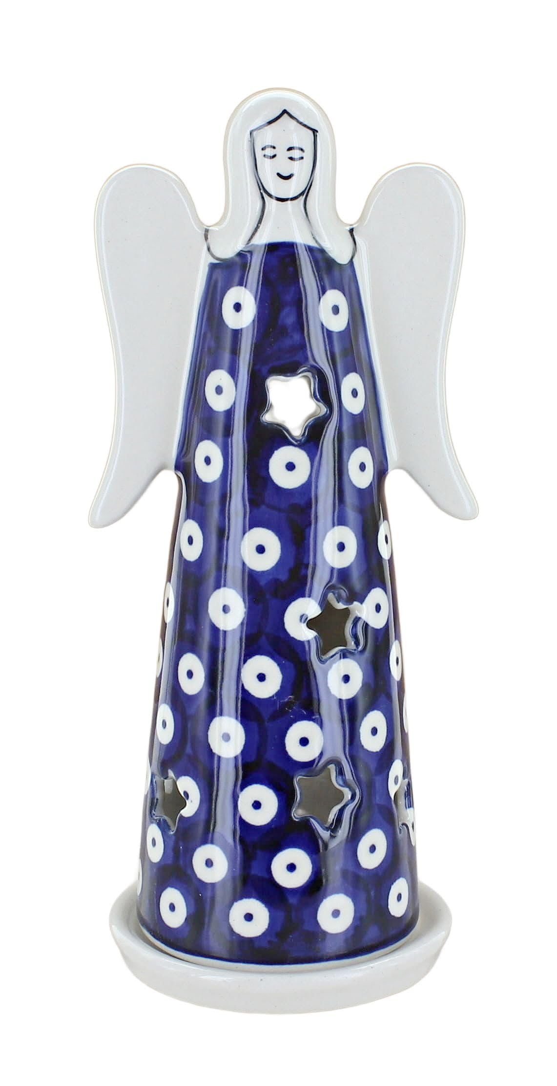 Blue Rose Polish Pottery - Blue Dots Large Angel Luminary - 7.75" Tall - Hand-Painted Polish Pottery Holiday Candle Holder, Unique Christmas Gift