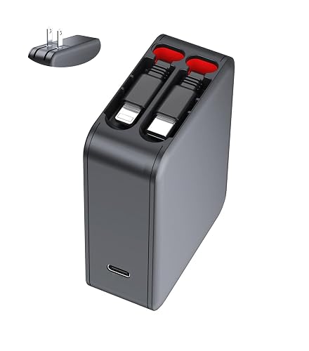 Wall Charger, GaN Fast Charging, Retractable Dual Cables, USBC Port, Folding Plug, Compact Travel Multi Charging Block for iPhone, Samsung, Tables