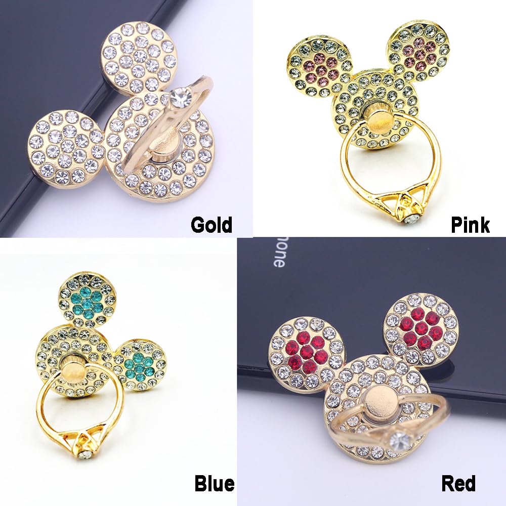 4 Pack Crystal Anime Finger Ring Holder Sparkly Rhinestone Mouse Phone Ring Grips, 360? Rotatable Self-Adhesive Decal Stickers Premium Gold Cell Phone