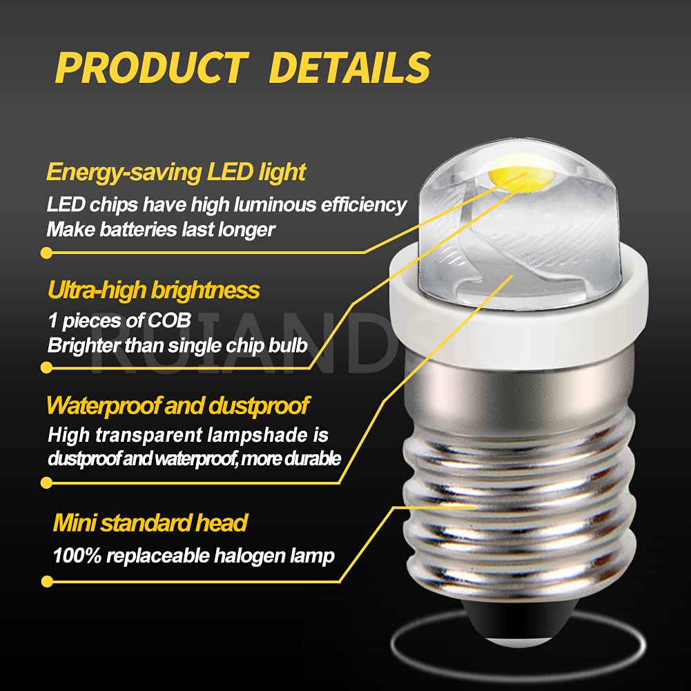 Ruiandsion 2pcs E10 LED Bulb DC 1.5V COB 0.5W 6000K White LED Bulb for Torch Light Flashlight Light,Negative Earth