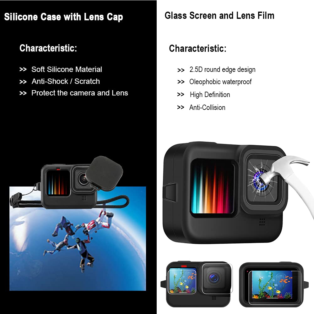 Accessories Kit for Gopro Hero 13 12 11 10 9 Black Waterproof Housing Silicone Case Glass Screen Protector Bundle for Go pro Gopro13 Gopro12 Gopro11