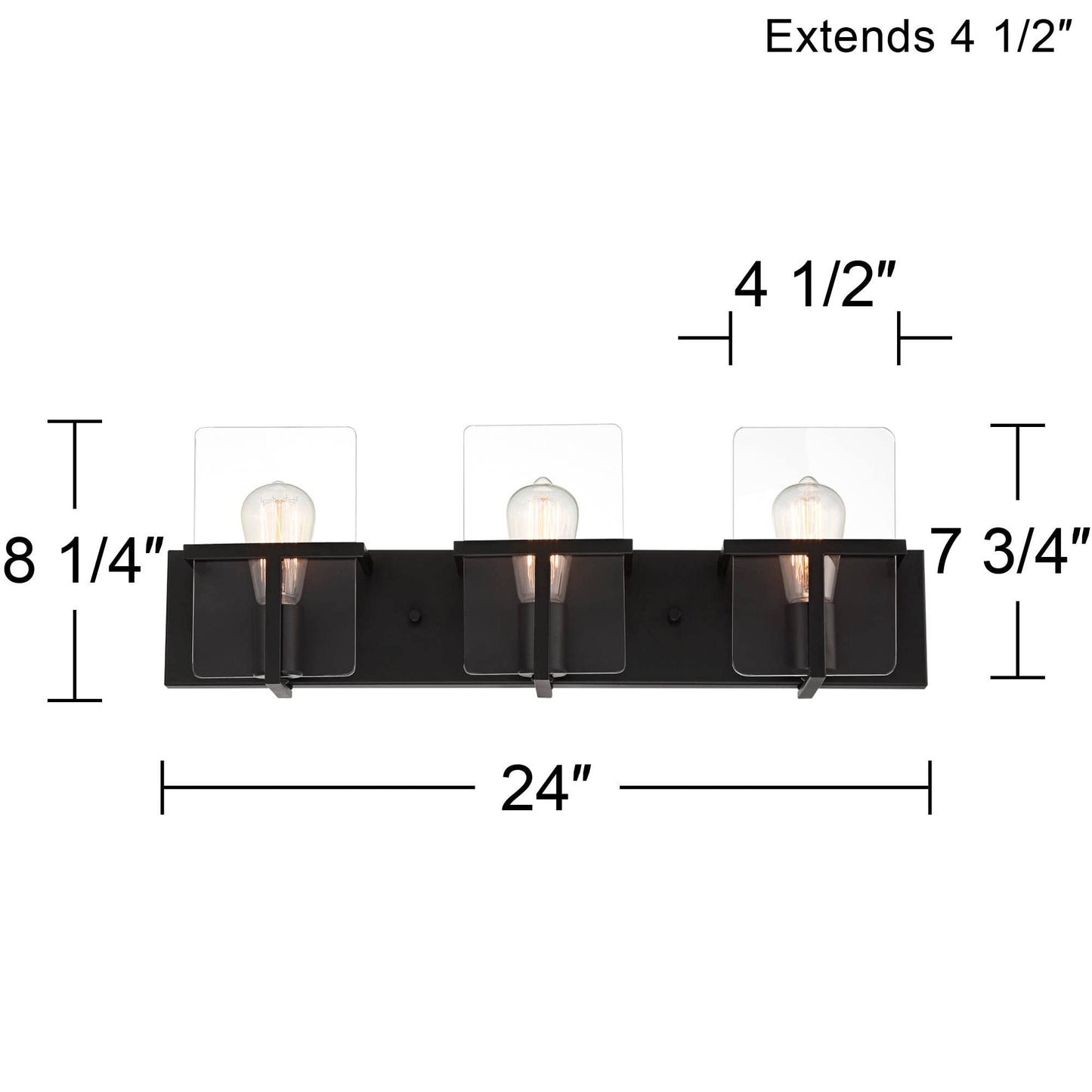 Possini Euro Design Trezza Modern Industrial Wall Mount Light Matte Black Hardwired 24" 3-Light Fixture Clear Glass Flat Panels for Bathroom Vanity