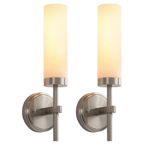 Wall Sconces Set of Two,Brushed Nickel Bathroom Sconces Wall Lighting with White Glass, Modern Sconces Wall Decor Set of 2 Wall Light fixtures