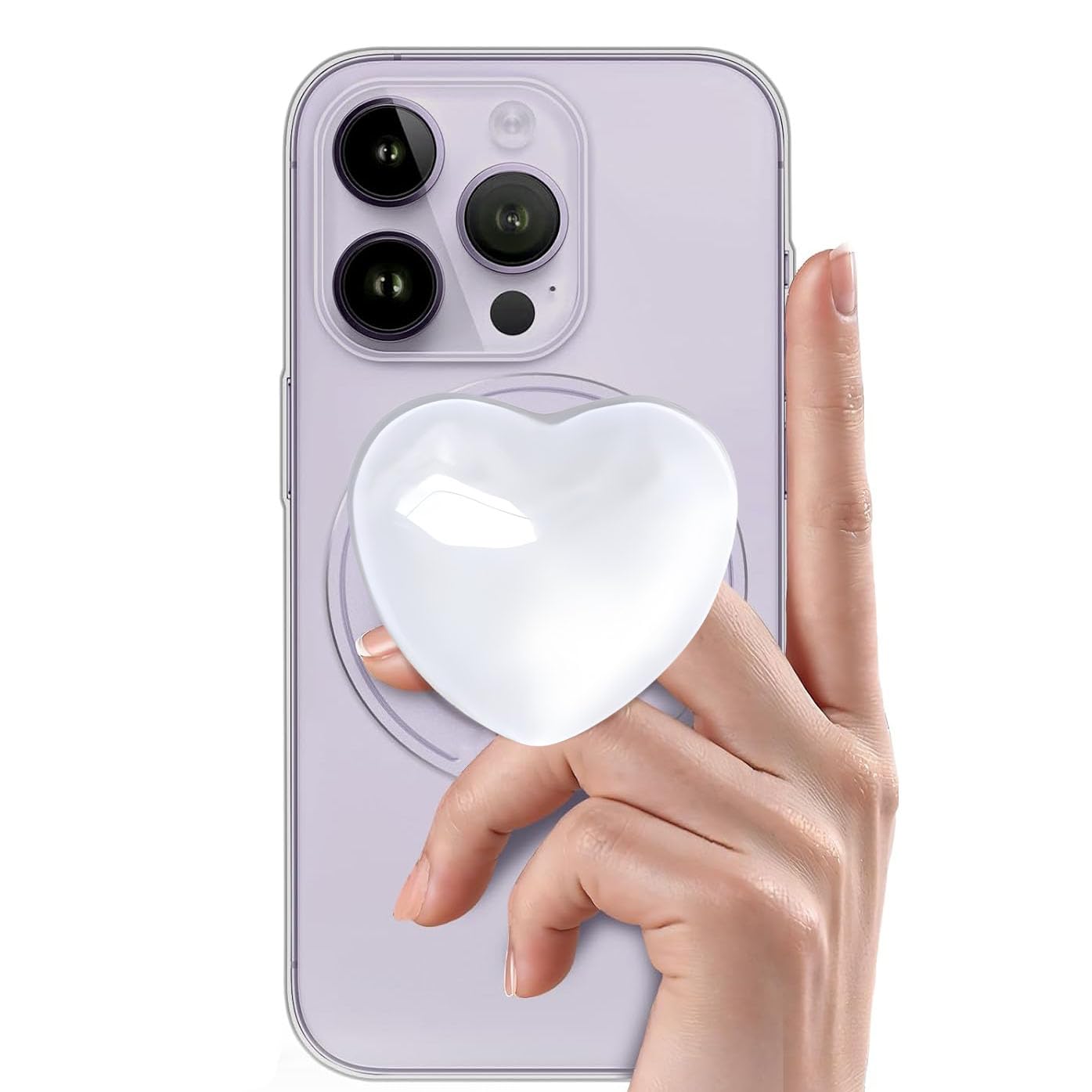 Cute White Heart Phone Grip Compatible with MagSafe, Adapter Ring for MagSafe Included, Magnetic Phone Grip for Android Phones & Kindle, Wireless