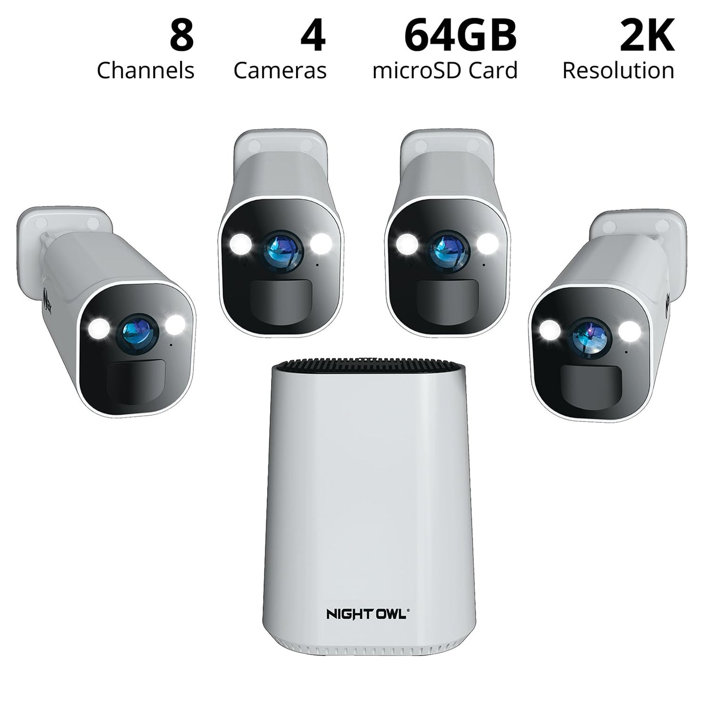 Night Owl 8 Channel Wi-Fi Video Home Security Hub with (4) Battery-Powered Wi-Fi 2K HD Indoor/Outdoor Spotlight Cameras with 2-Way Audio and 64GB