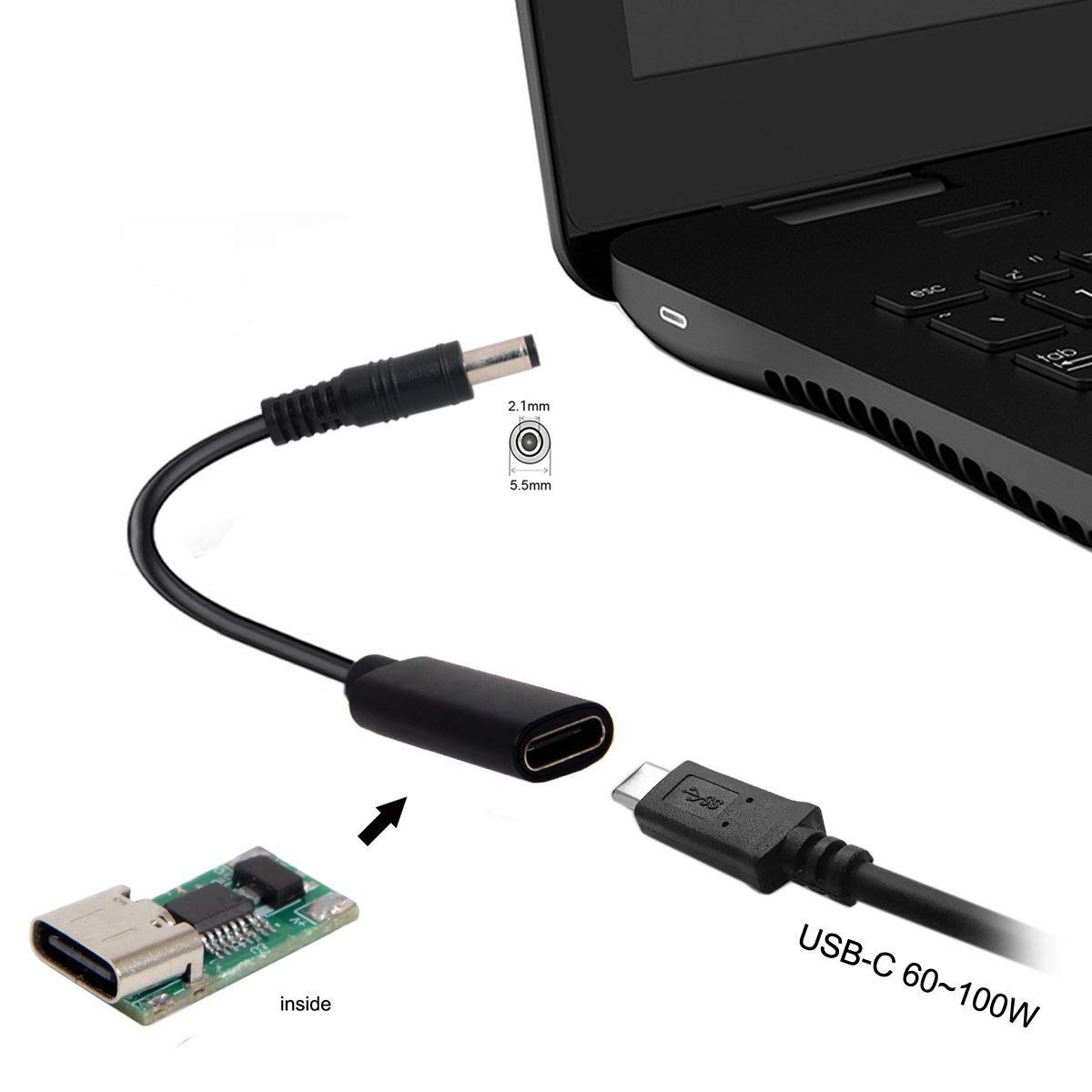 cablecc Type C USB-C Female Input to DC 5.5x2.1mm Power PD Charge Cable fit for Laptop 18-20V