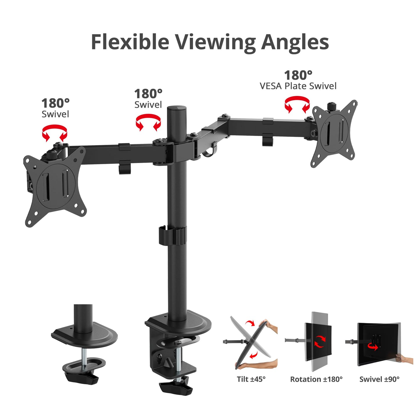 SIIG Dual 32 Inch Articulating Monitor Arm-Black for 17-32" VESA Screens, Full Motion Tilt Swivel Rotation, Height Adjustable Mount with C-Clamp