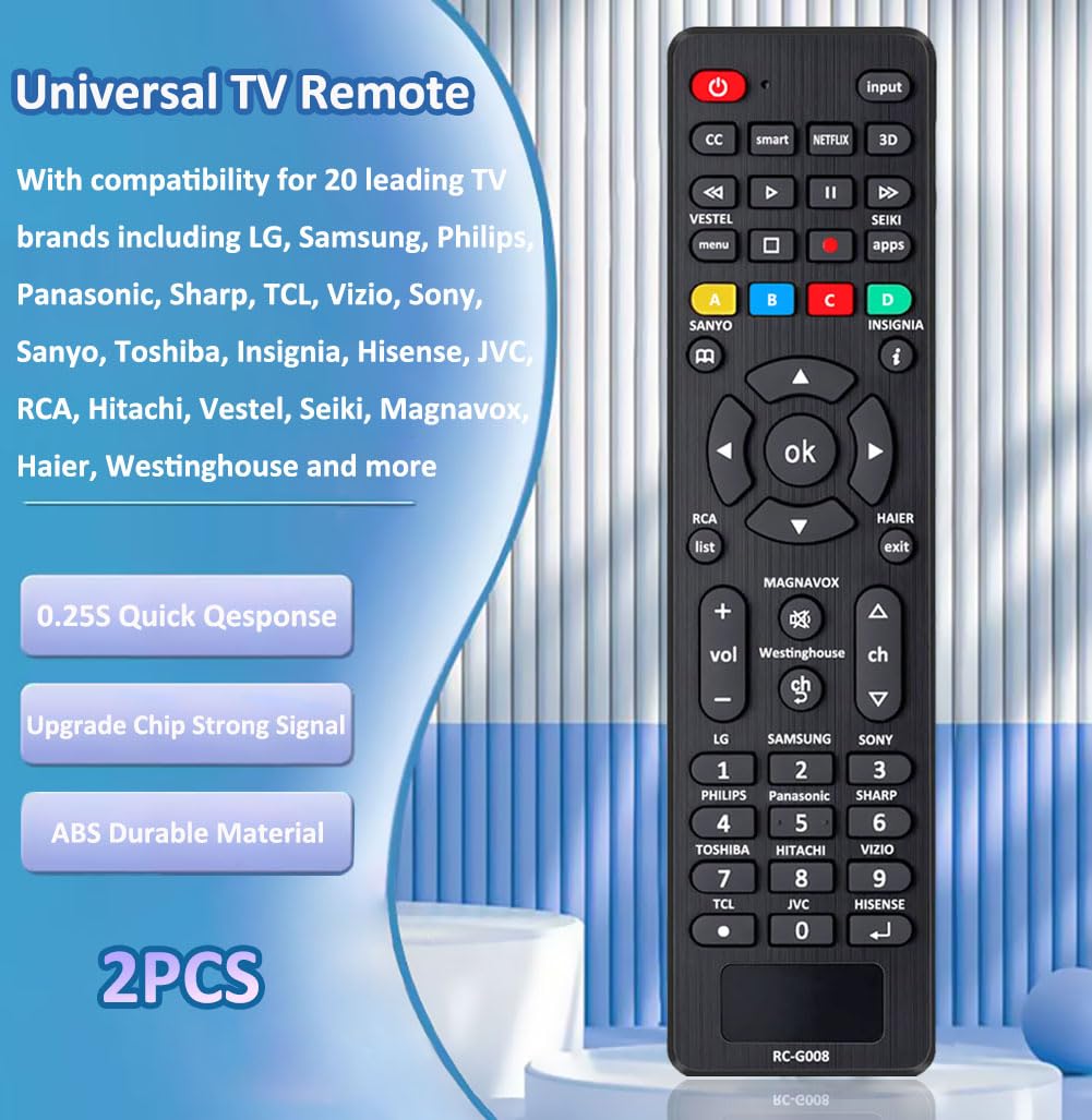 (Pack of 2) Universal TV Remote Control Replacement for TCL, Samsung, Insignia, LG, Hisense, Sony, Philips, Vizio, Sharp, Panasonic, Sanyo and Other