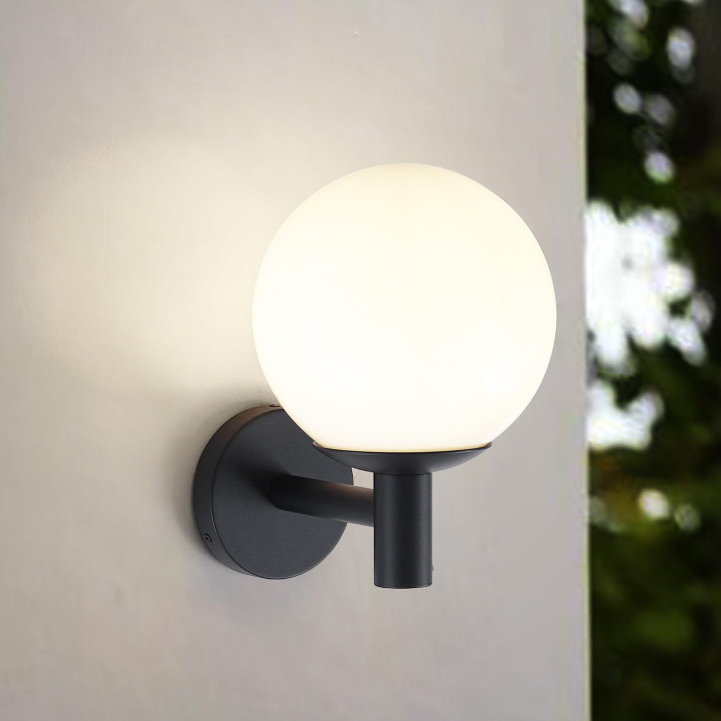 Lucande Porch Light Outdoor Globe Wall Light, Modern Exterior Sconce with Opal Glass Shade, Black Wall Light Fixture for Exterior Patio Balcony