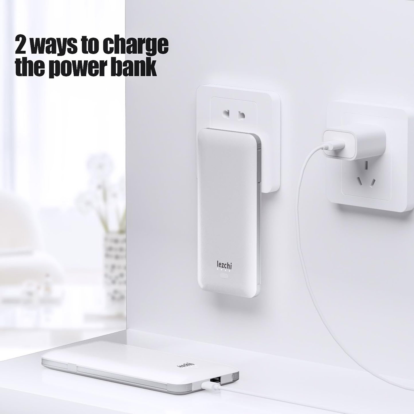 lezchi Portable Power Bank, Ultra Slim 10000mAh Portable Charger, USB C External Battery Pack with Built-in AC Plug, Charging Cable, Output Port