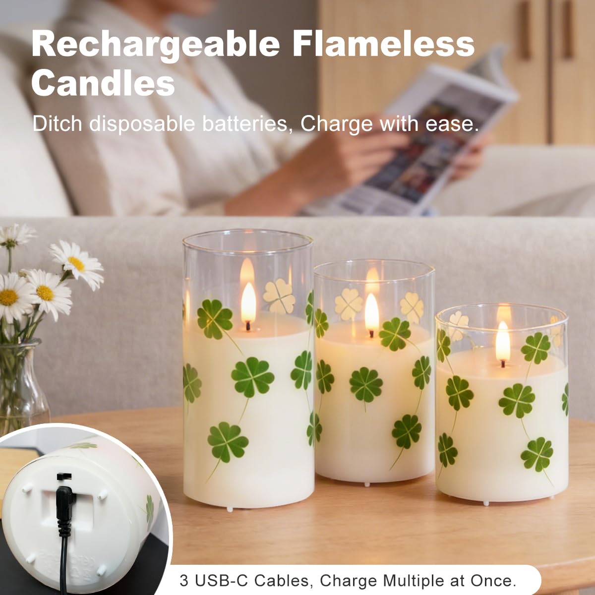 LEDHOLYT Rechargeable Flameless Four-Leaf Clover Glass Candles, Real Wax Candles Warm Color Flickering Light with Remote and Timer,Festival Home Decor