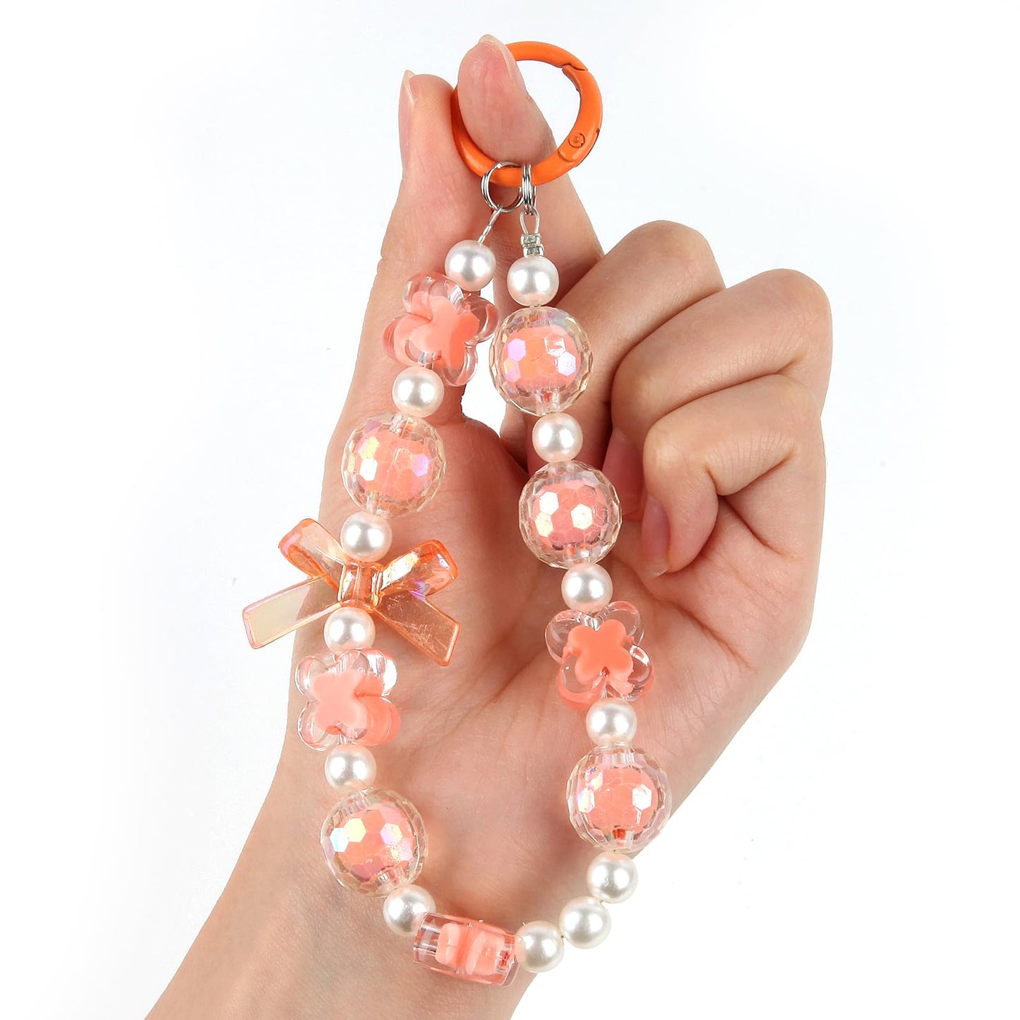 Likthesto Hands-Free Beaded Wrist Strap for Phone, Phone Charm Bracelet, Smartphone Lanyard with Bow, Detachable Cellphone Accessories (Orange)