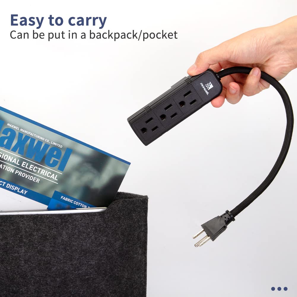 2Pack Small Power Strip Black Outlet - 1FT Heavy Duty Power Extension Cord, Mini Size Portable 3 Outlet Power Strip for Office,Computer,Home